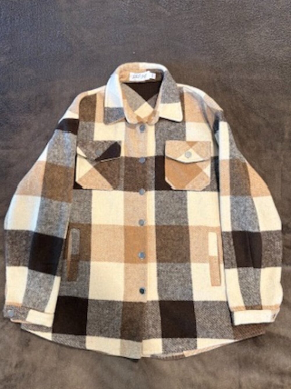 Petal + Pup Neutral Plaid Wool Blend Shacket Over-Shirt Jacket Beige Brown L